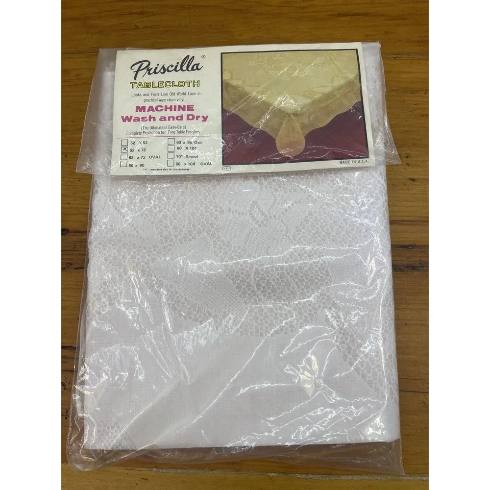 Vintage Priscilla Tablecloth White 52 x 72 Lace Vinyl‎ New Wipe Clean Reusable